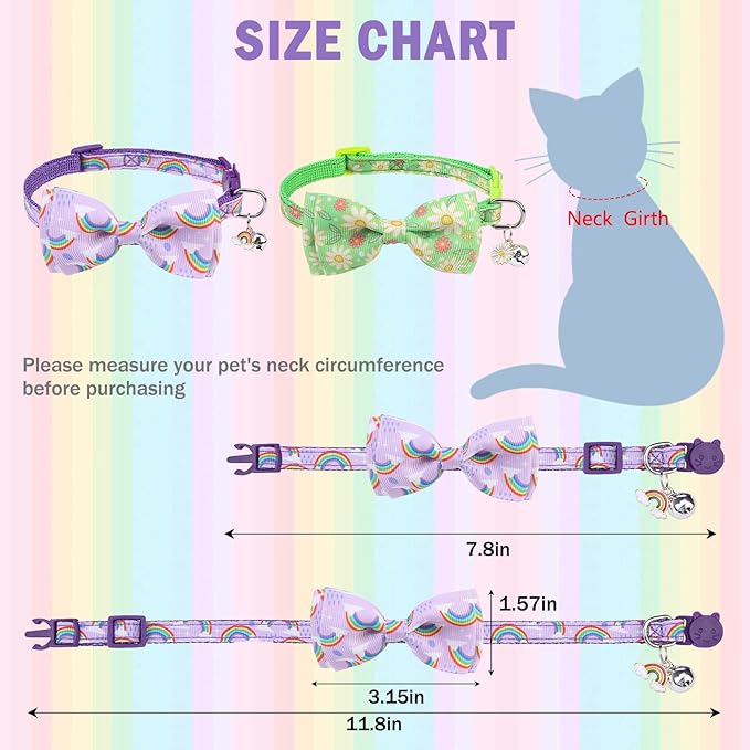 SCENEREAL Cat Collar with Bells, 2 Pcs Breakaway Cat Collars with Adustable Bowtie, Safety Kitten Collar for Boy Girl Cats Puppy, Cute Spring Summer Rainbow & Floral Pet Collar, Green & Purple