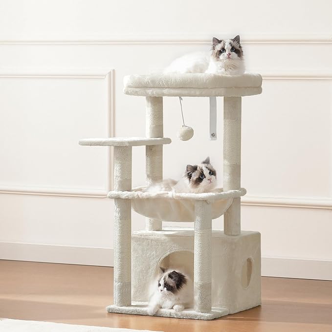 Heybly Cat Tree, Kitten Tower with Large Soft Cat Basket, Cat Condo with Spacious Cat Bed Cave with Hidden Space, Sisal-Covered Scratching Posts, Dangling Ball for Indoor Cats, Beige HCT008SM