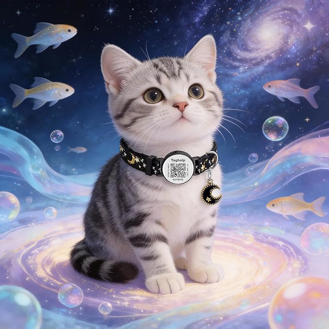 Upgraded Smart Cat Collar: Real-Time Scan Alerts & Shareable Pet Profile, Breakaway Safety Collar with QR Code ID Tag - Stars & Moon Design, No Monthly Fee (Black)
