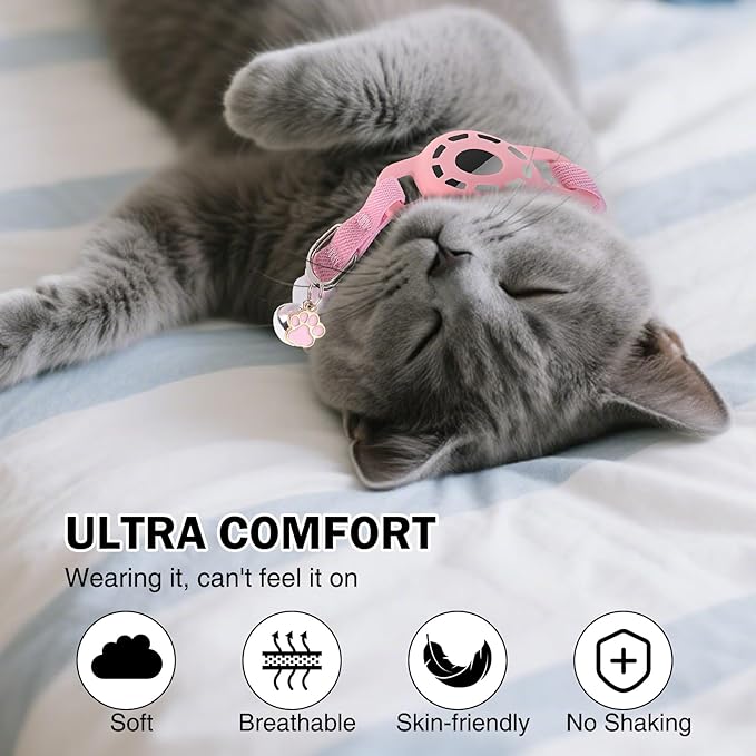 Airtag Cat Collar Breakaway, Stretchy Cat Tracker Collar with Apple Air Tag Holder for Boy Girl Cats, Elastic GPS Tracking Collars for Kittens and Puppies, Adjustable 9"-12" Pink