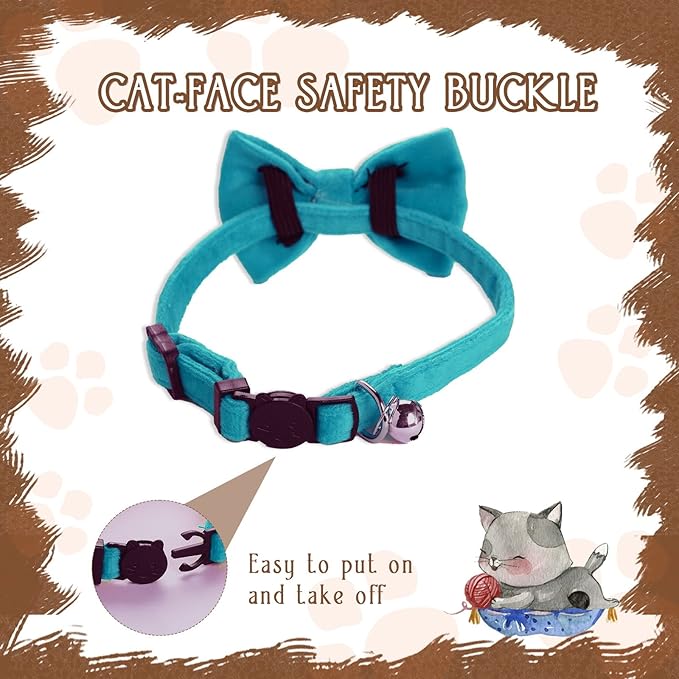 Sliverdew 2 Pcs Velvet Cat Bow Tie Collar Breakaway Cat Collar with Bell Adjustable Bowtie Kitten Small Puppy Safety Collar Solid Color Set Pet Bow Tie Collar (Pink, Blue)