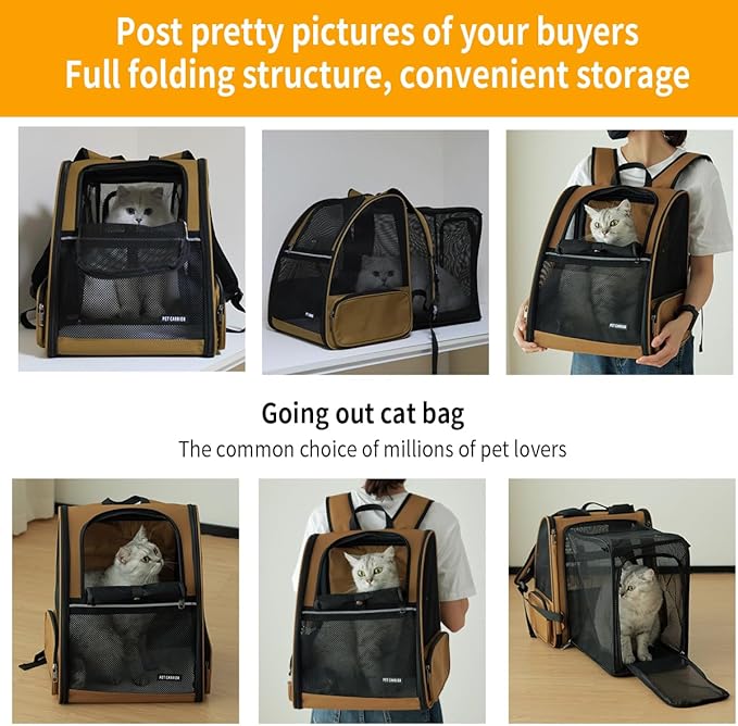 Cat Backpack，Expandable Cat Carrier Backpack, Dog Backpack Carrier and Pet Carrier Backpack, Suitable for Cats, Dogs Kitten or Small Dogs, Travel Friendly Puppy Cats Bag (Brown)