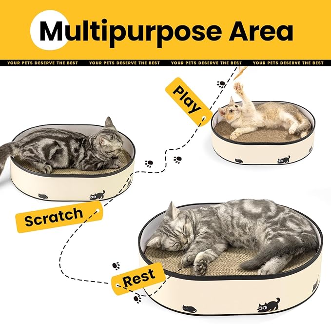 Cat Scratcher Box with 4 Cat Scratching Pads, Mess-Free Design, Refill Scratch Pad, Heavy Duty Corrugated Cardboard Lounger, DIY Stickers Decoration, for Multi-Cat Homes