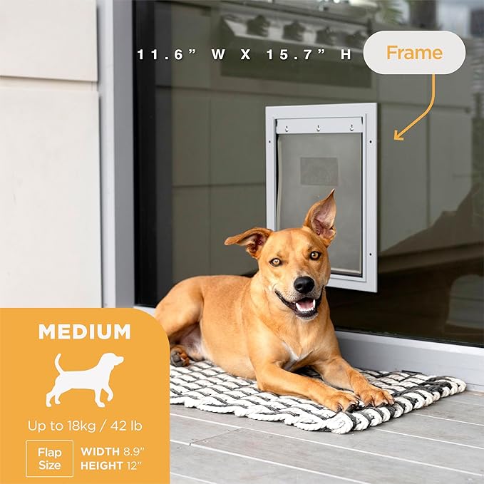 Hakuna Pets Deluxe Aluminum Pet, Cat and Dog Door with 2-Way Locking Panel for Screens, Doors and Walls up to 2.8" Thick, Medium, Silver