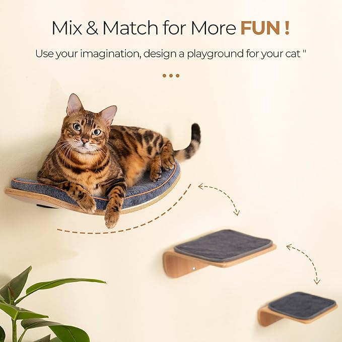 Cat Wall Shelves for Cat Wall Steps, Perch, Ladder, Wooden Floating Modern Mounted Space Saving Furniture with Scratching Cushion Removal Cover for Climbing, Jumping and Sleeping(Steps of 4)