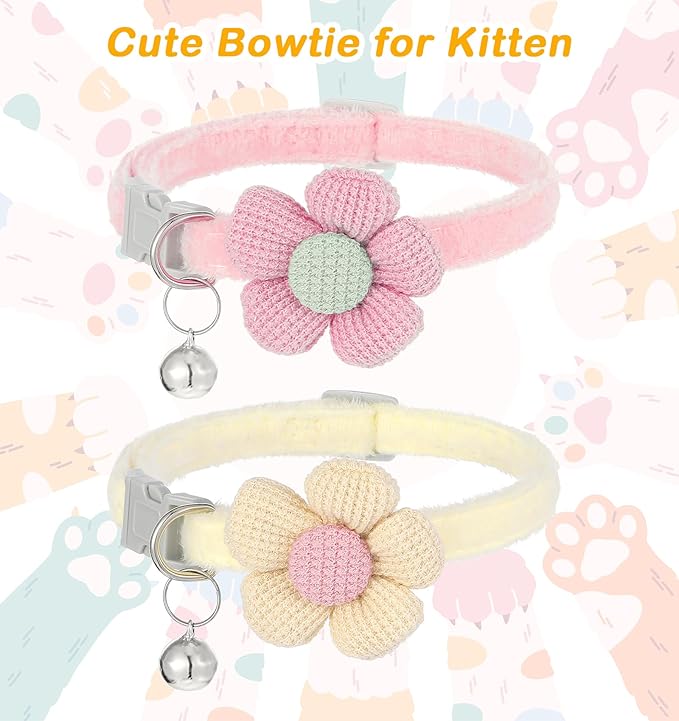 2Pcs Girl Cat Collars, Pink Girly Kitten Collar Plush Flower Cute Cat Collars for Girl Cats, Adjustable Design with Bell, Breakaway Safety Buckle, Cute Accessories for Girls' Kittens, Pink & Cream
