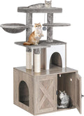 Snughome Cat Litter Box Enclosure with Tree Tower and Condo, Hidden Washroom Furniture with Sisal Scratching Post and Soft Plush Perch, Wooden Cat Furniture with Multiple Platforms, Grey