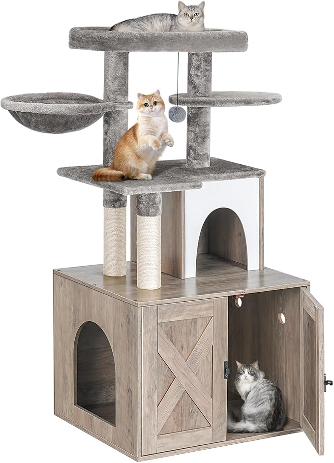 Snughome Cat Litter Box Enclosure with Tree Tower and Condo, Hidden Washroom Furniture with Sisal Scratching Post and Soft Plush Perch, Wooden Cat Furniture with Multiple Platforms, Grey