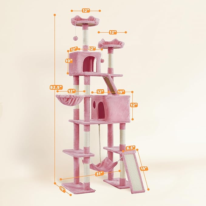 Yaheetech Cat Tree, 82.5in Super Tall Tower w/Cute Top Perches, Scratching Posts, 2-in-1 Ramps, Cozy Basket, Extra Large Condo for Indoor Kittens, Pink