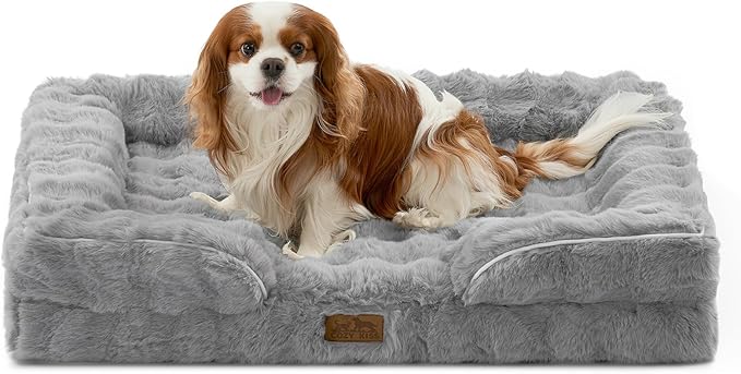 Orthopedic Dog Bed for Large Medium Size Dog, Soft and Warm Faux Fur Sofa for Pet Up to 75 lbs, Foam Bolster Anti-Slip Couch with Washable Removable Cover, L 36x27x6.5 inch, Grey