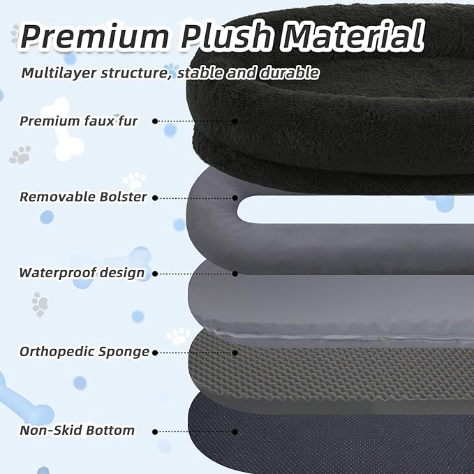 Human Dog Bed, 71''x45''x12'' Size Fits You and Pets, Washable Faux Fur Pet Bed for People Doze Off, Napping Orthopedic Dog Bed, Present Plump Pillow, Blanket, Strap - Black