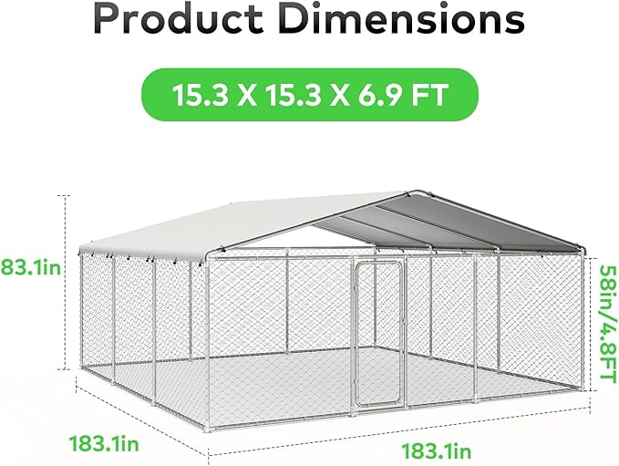15'x15' Large Outdoor Dog Kennel, Heavy Duty Dog Enclosure with Roof, Weather Resistant Cover and Security Lock(183"x183")
