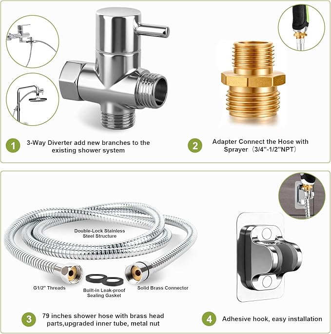 Dog Washing Hose Attachment - Dog Shower Attachment with 3-Way Diverter and 6.56FT Shower Hose, 8-in-1 Water Nozzle Soap Sprayer for Pet Bathing and Garden Nozzle, Pet Grooming Glove