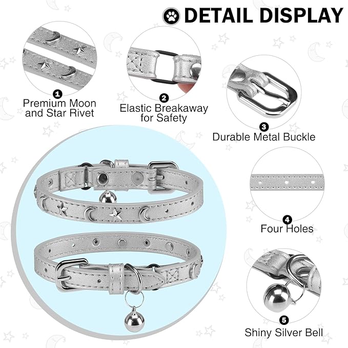 Leather Cat Collars for Boy Girl Cats with Bell and Safety Elastic Belt, Personalized Star and Moon Stud Adjustable Safe Buckle Collar for Kitty Small Big Cats Size 7-9 Inch, Silver Grey