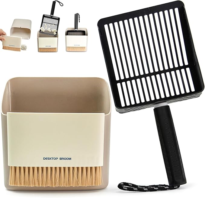Metal Cat Litter Scooper with Holder, Stainless Steel Metal Litter Scoop Includes Portable Small Broom and Dustpan Set, Speed Sifter Cat Litter Scoop Captures All Clumps, Non-Slip Handle, Easy Clean