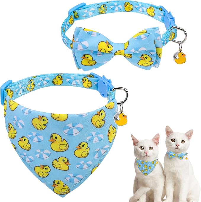 SCENEREAL Cat Collar with Bells, 2 Pack Breakaway Cat Collars with Removable Bowtie Bandana, Adjustable Cute Kitten Collar for Pet Small Dogs Boys Girls, Blue Duck