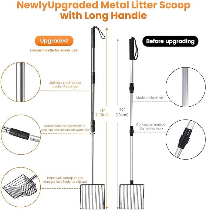 Cat Litter Scoop with Holder 43" Metal Litter Scooper with Stainless Steel Long Handle, Large Kitty Box Scooper Heavy Duty Deep Shovel for Fast Sifting, Dog Waste Scooops for Outside Pet Poop