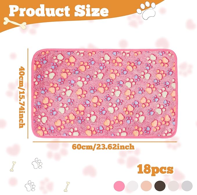 18 Pcs Dog Blankets for Small Dogs Washable Soft Fluffy Fleece Puppy Blankets for Pets Cute Paw Printed Throw for Indoor Cats Kitten Crate (Camel, White, Pink, Gray, Yellow, Dark Gray, 23 X 16 Inch)