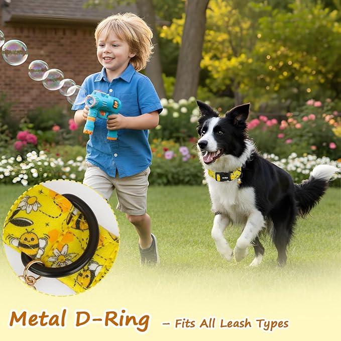 Yellow Dog Collar for Small Dogs, Spring & Summer Theme Small Dog Collars Featuring Bee Pollinating White Flowers Pattern, Adjustable Cotton Collar for Girl Boy Dogs -S