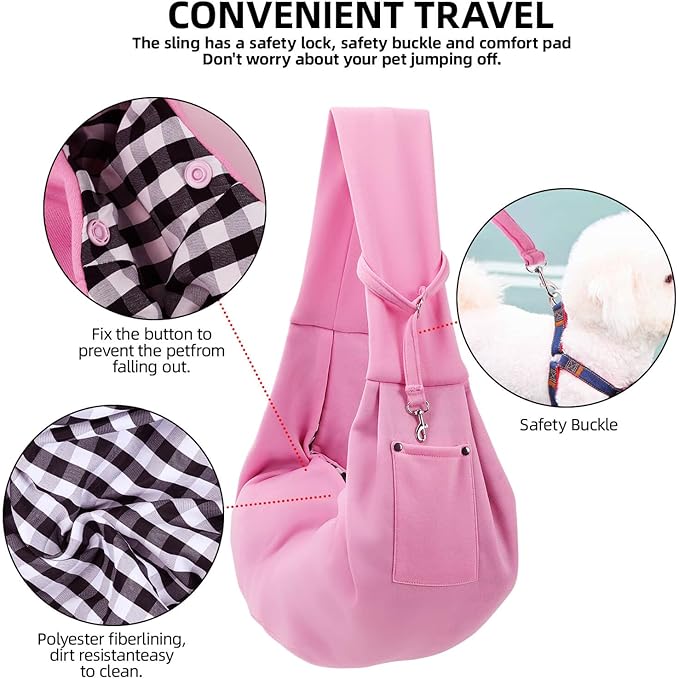Dog Carrier Sling - Reversible Puppy Carrier Purse with Storage Pocket, Hand-Free Dog Sling Carrier for Carry Small Dogs and Cats, Travel Safety Harness, Dog and Cat Harness (Pink)