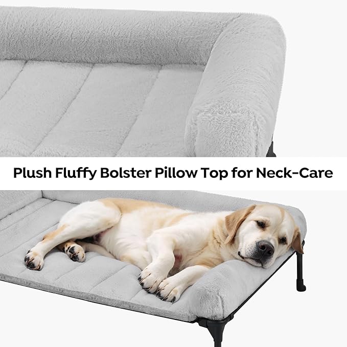 Veehoo Orthopedic Elevated Dog Bed with Fluffy Plush Bolster Cushion, Indoor Raised Dog Beds for Large Dogs, Soft Pet Sofa Cot with Removable Washable Mat, No-Slip Feet, 32 x 25 inches, Grey