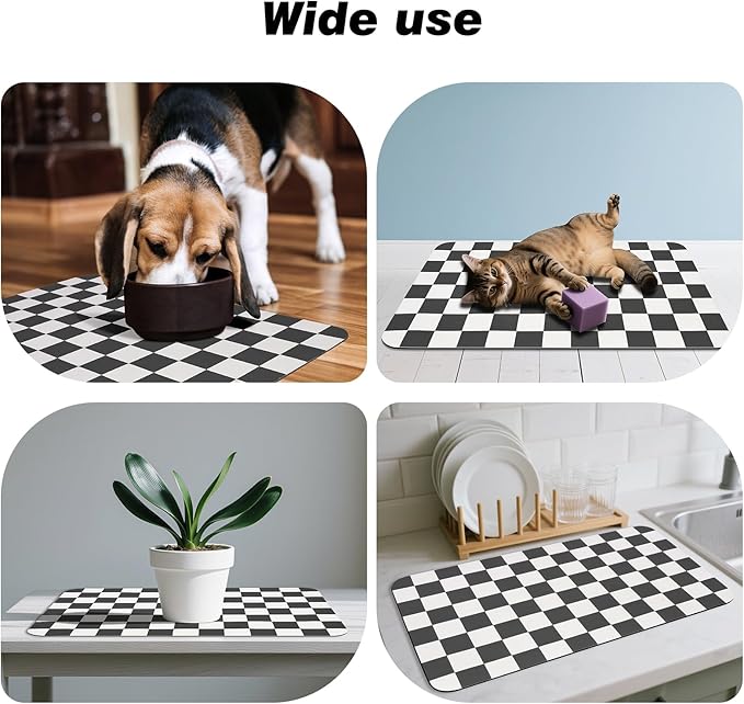 Checkered Dog Food Mat, Absorbent Leak-Proof Pet Feeding Mat, Quick Dry Cat Food Mat for Messy Drinkers 17" x 32" Black
