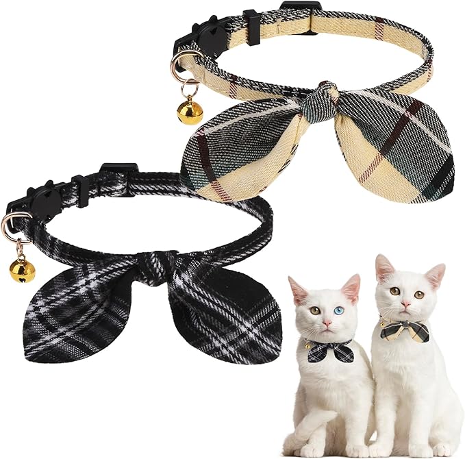 KOOLTAIL Cat Collar Breakaway with Bowtie and Bells, 2 Pack Cute Kitten Collars for Boys & Girls, Classic Plaid Design with Safety Buckle Adjustable for Small Large Cats Puppy,Black & Beige
