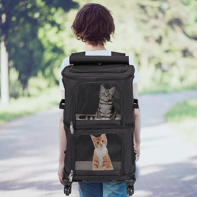 Double Pet Carrier Backpack with Wheels for Small Cats and Dogs, Rolling Cat Travel Carrier, Super Ventilated Design, Ideal for Traveling/Hiking/Camping, Black