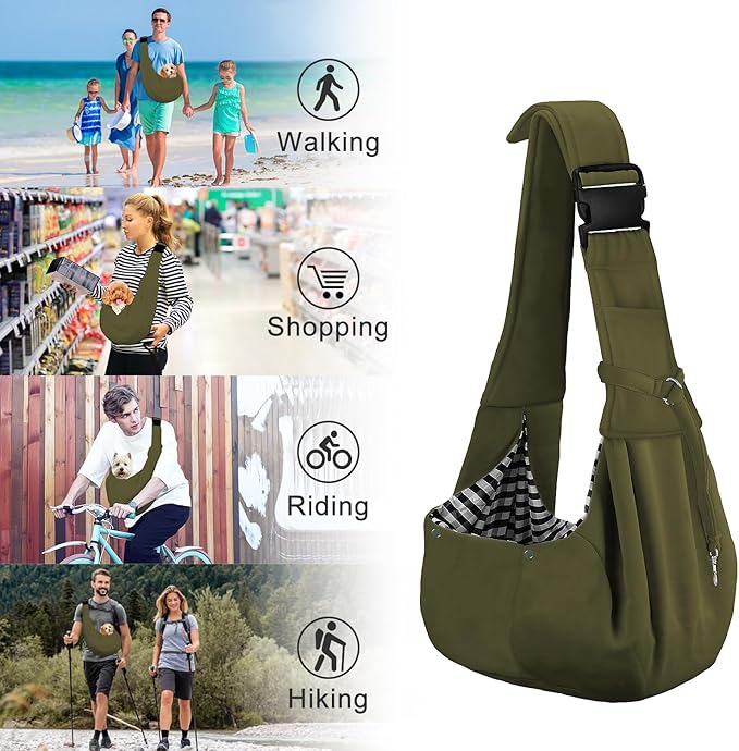 PETLOFT Reversible Dog Cat Sling Carrier, Small Dog Carrier, Adjustable Dog Sling, Hands Free Cross Body Carrier with Collar Hook for Dog/Cat/Bunny up to 11lb (Army Green)