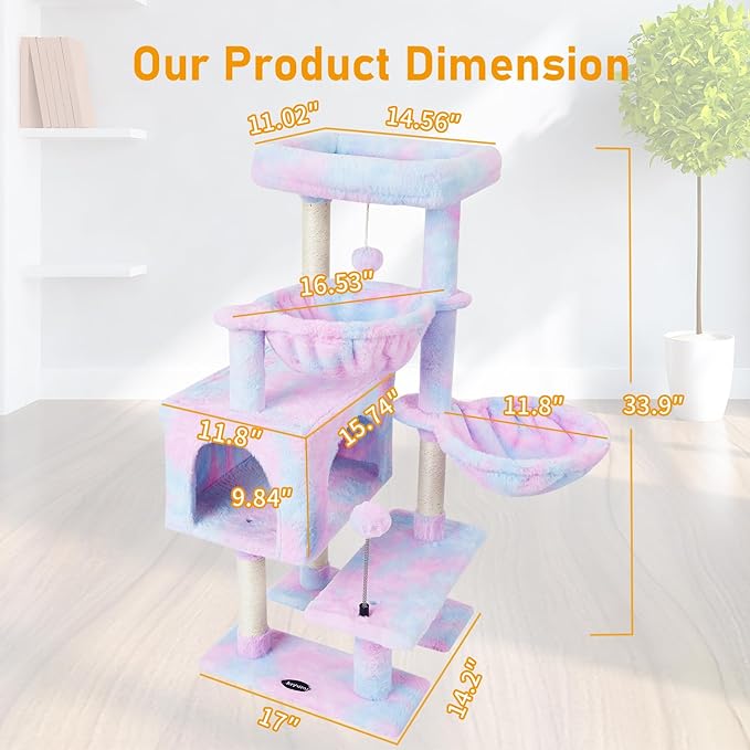 KIYUMI Cat Tree Cat Tower Condo with Sisal Scratching Post for Indoor Cats Cat Tree Cat Furniture with Hammock Perch and Kitten Ball Toys, Multi-Level Pet Activity Center Rainbow