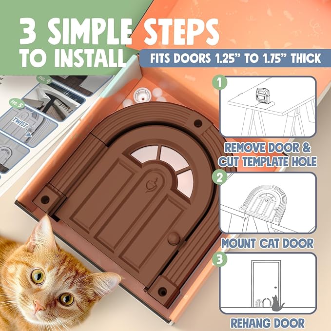 Purrfect Portal Meow Manor® Cat Door Interior Door - No-Flap, Fits Cats Up to 20 lbs, Easy DIY Setup, No Training Needed, Brown