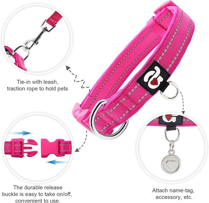 azuza Reflective Dog Collar with Airtag Holder, Soft Neoprene Padded Pet Collar with ID Tag Ring, Adjustable for Medium Dogs,Hot Pink,M