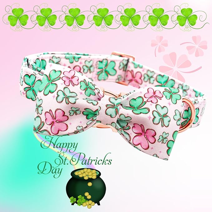 Lionheart glory Dog Bow Collar St. Patrick's Day Dog Collar for X-Small Dogs, Adjustable Green Collars Lucky Clover Shamrock Dog Collar with Bowtie Puppy Collar Bows