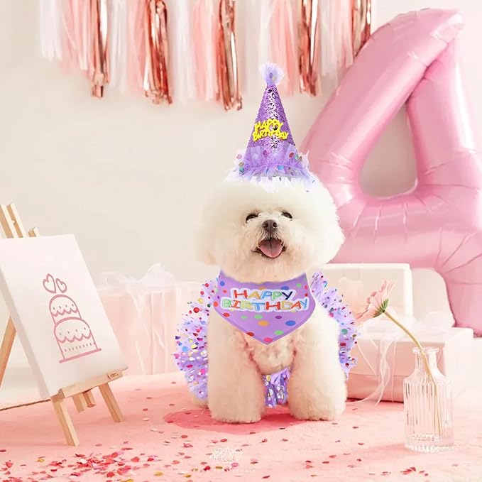 Dog Birthday Bandana with Hat and Dress Girl Set Puppy Birthday Party Supplies Cute Tutu Skirt Outfit for Small Medium Large Dogs Decorations(Purple)