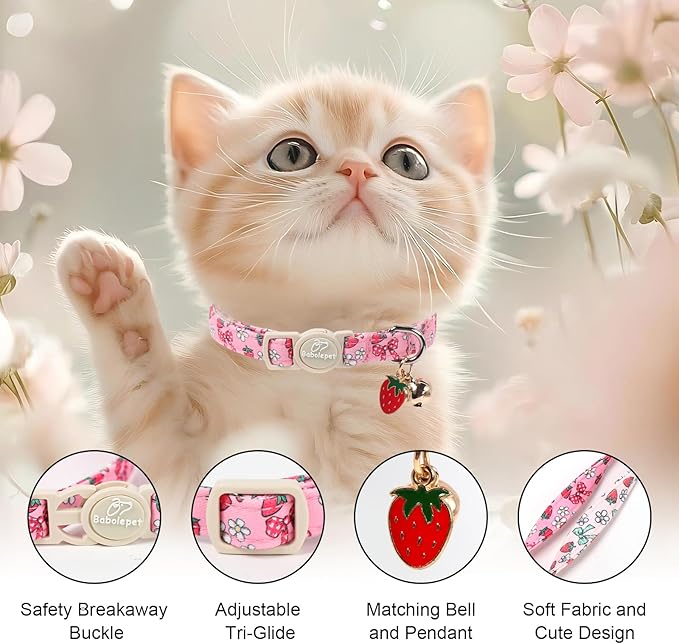 2 Pack Strawberry Cat Collars - Cute Girly Pink Breakaway Cat Collar with Bell & Matching Pendant, Adjustable Spring Summer Sweet Garden Kitten Collars for Girl Cats