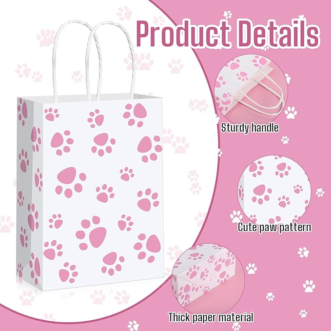 Blulu 20 Pcs Puppy Dog Paw Gift Bags with Paper Twist Handles, Dog Gift Paper Paw Treat Goodie Bags for PET Treat Party Favor, 6.3 x 3.1 x 8.6 Inch(White Backing, Pink Paws)