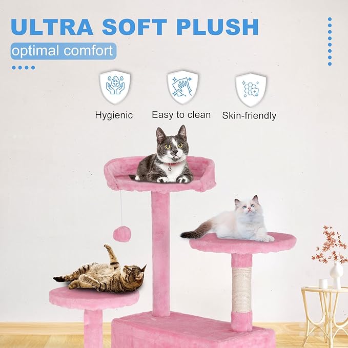 FDW | 54" Cat Tree Tower | Pink | Multi-Level Indoor Activity Center with Sisal Scratching Posts, Condos, Plush Perches, Hanging Cat Toys | Sturdy, Easy to Assemble | for Kittens & Adult Cats