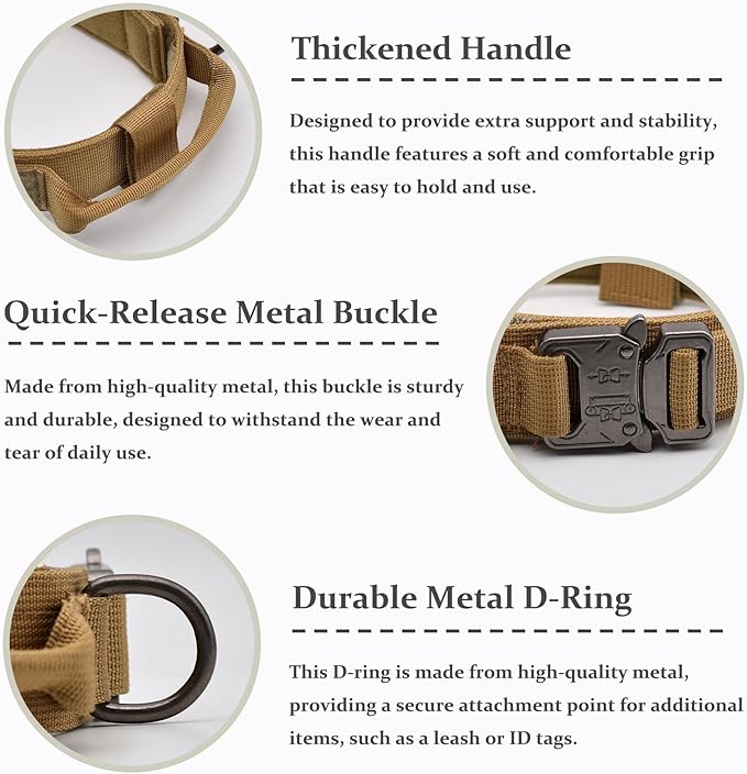 Tactical Dog Collar Set, Adjustable Military Training Nylon Dog Collar with Control Handle and Heavy Quick-Release Metal Buckle for Small Medium Large Dogs, Brown Set M