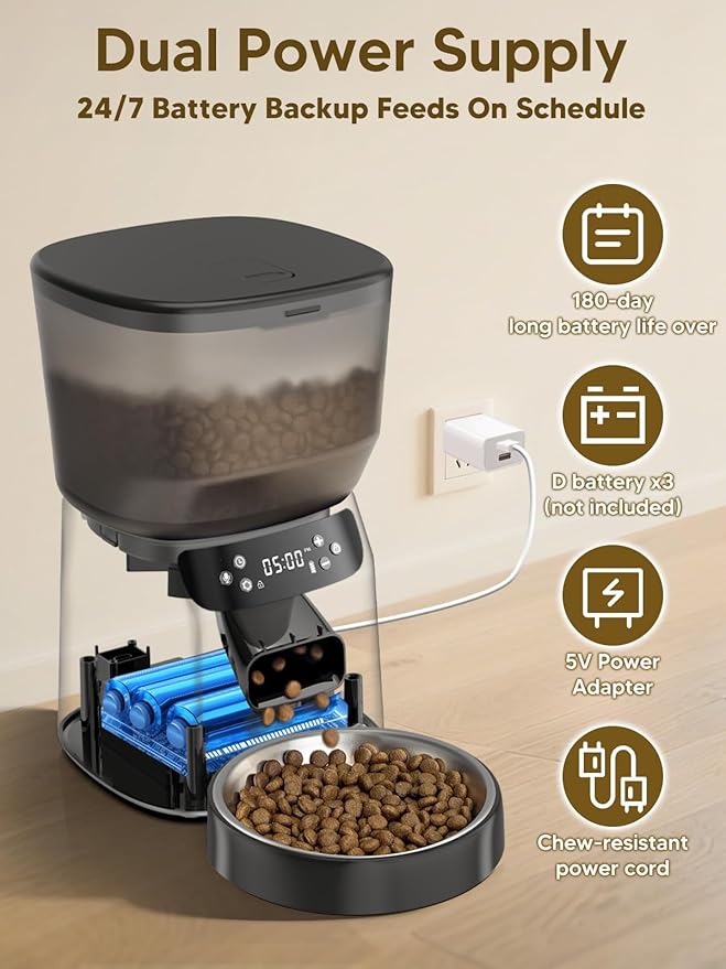 Automatic Cat Feeder and Water Fountain, 4L/16 Cups Timed Cat Dry Food Dispenser, 10s Meal Call, 20 Portions 6 Meals Per Day, 2L Cats Fountains for Drinking with Filter, Pet Feeder for Dog, Sooty
