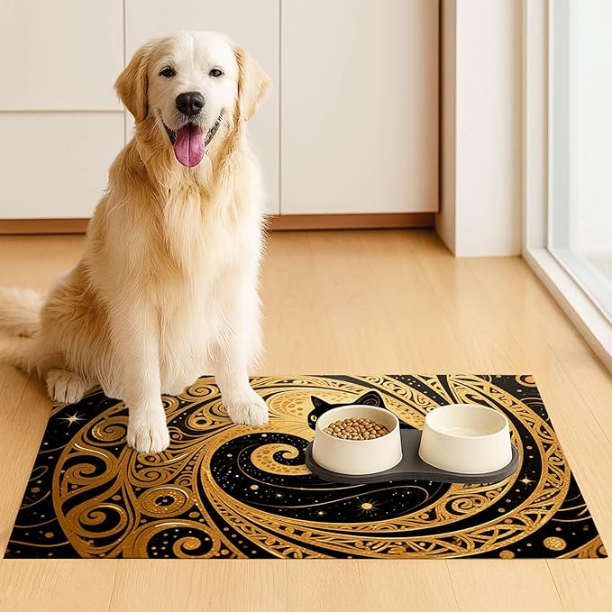 Cat Feeding Mat 24x16 inch Gold Black Artistic Cat Print Pet Bowl Placemat Non Slip Floor Mat for Food and Water Indoor Kitty Feeding Station Elegant Meal Pad for Small Pets Kitchen Use