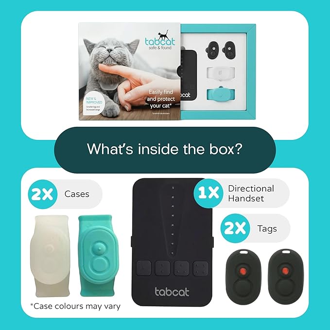 Tabcat V2 Cat & Kitten Tracker - No Monthly Subscription Fee | 4 Lightweight Homing Tags, Cases & Tracking Handset | More Accurate Than GPS | Track 4 Cats Indoors & Outdoors to 1" & 500 ft Range