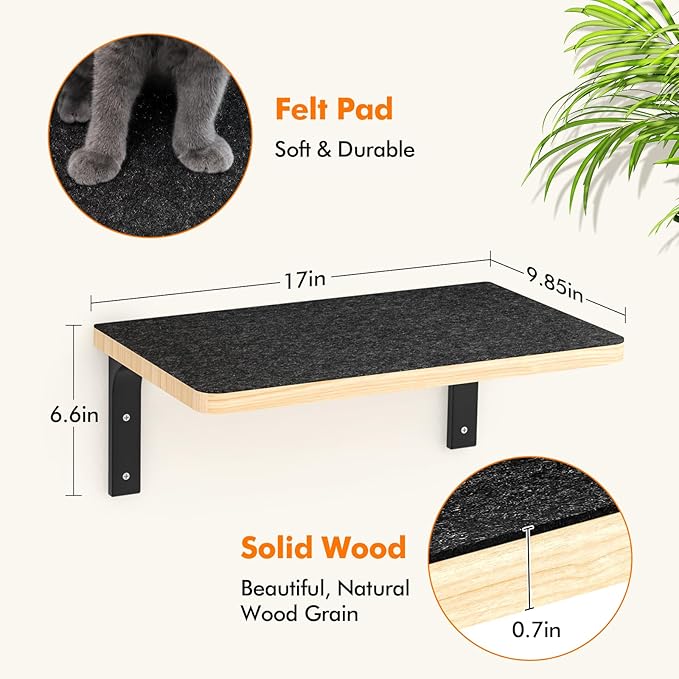 2PCS Cat Wall Shelves with Felt Board,17x9.85 Inch Solid Wood Cat Wall Furniture, Wall Mounted Cats Shelves for Sleeping, Climbing and Scratching