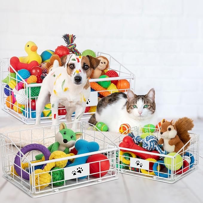 Mimorou 3 Pack Metal Dog Toy Baskets Multi-sized Foldable Dog Toy Bins Box Storage Container Organizer for Living Room Area Decorative Pet Accessories Coat Clothing Storage Holder Baskets(White)