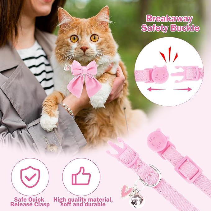 Cat Collar Breakaway with Bells, Soft Pure Cotton Pink Cat Bowtie Collar for Girl Cats, Small Cats Collar with Bow for Spring Summer, 2 Pack Cute Kitten Collars with Removable Bowtie 8-12Inch
