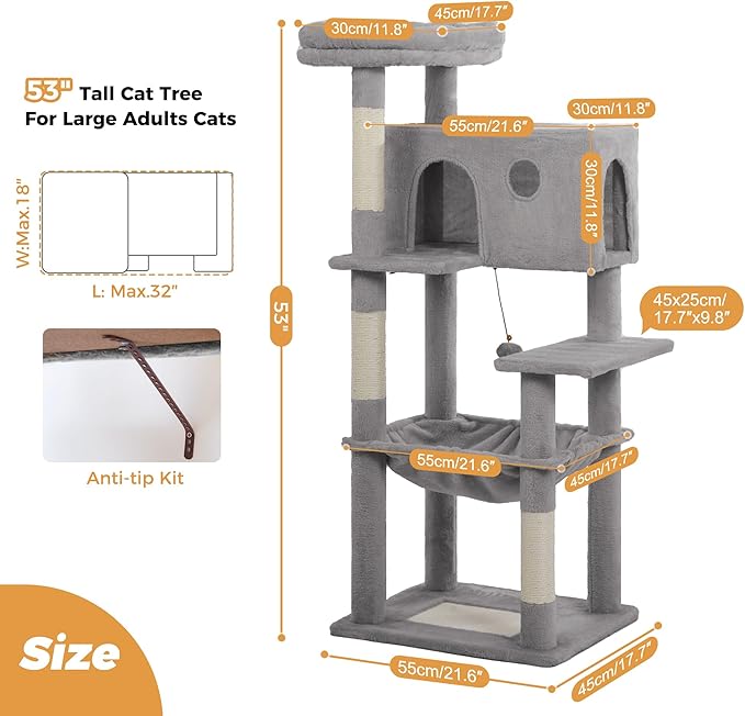 54" Cat Tree with Big Hammock 21x17” XL Cat Tower with Scratching Posts Featuring Large Top Bed, Scratcher Pad, Spacious Condo House and Detectable Ball for Indoor Cats-Large Gray