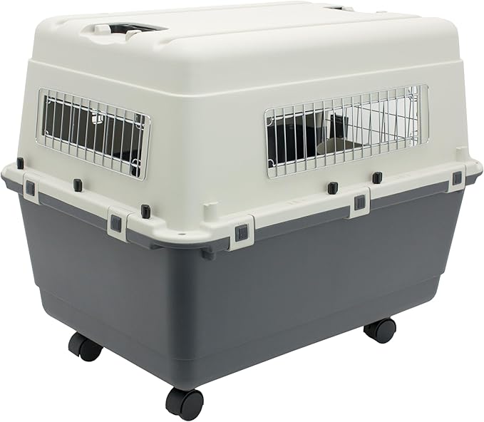SportPet Airline Compliant LARGE 28.75" Travel Dog Kennel-Durable Plastic Airline Pet Carrier w/ Removable Wheels & Food Bowls, Collapsible Indoor/Outdoor Dog Kennel, Dogs up to 28"L & 20"H-Cream/Gray