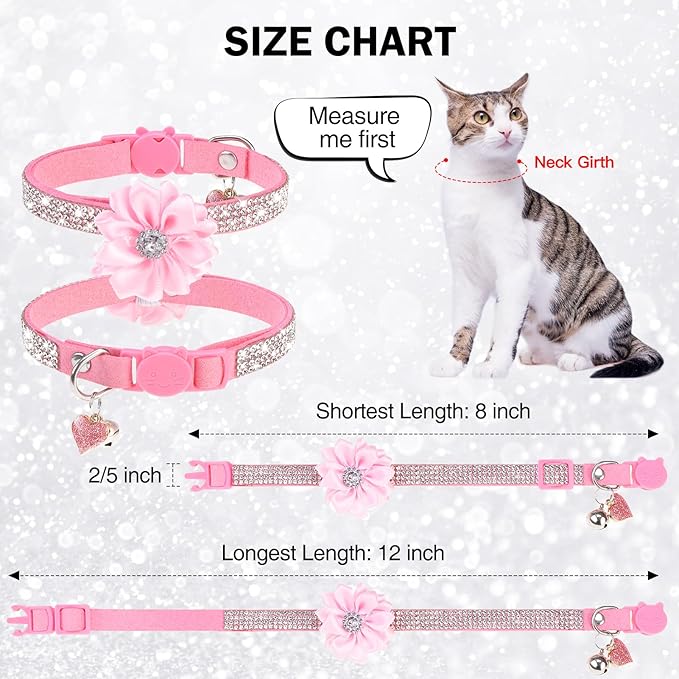 Rhinestone Cat Collar Breakaway with Bell, Diamond Cat Collar with Safety Buckle Quick Release for Girl Boy Small Kitten Pets Puppy,Cute Soft Cat Collars, Color Flower Pink 8-12"