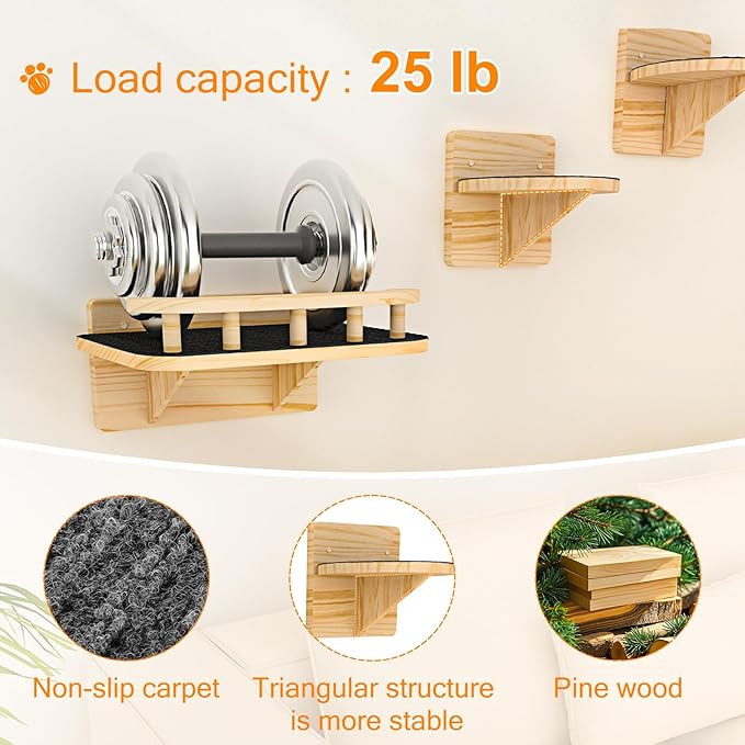XiaZ Cat Wall Shelves, Cat Wide Climber Shelf with 3 Perch Steps, Kitty Wall Mounted Wooden Furniture up to 25lbs, Durable Floating Cats Stairs for Indoor Sleeping, Playing, Climbing and Lounging