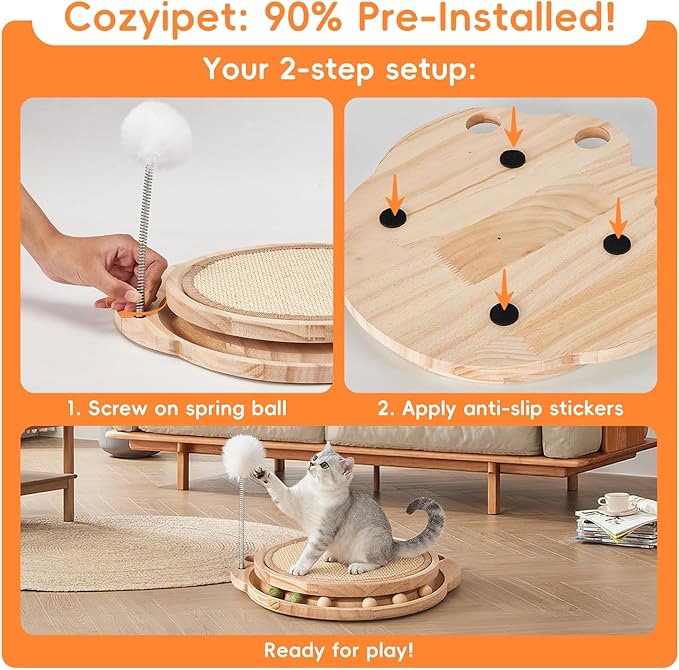 Cat Scratcher Board, 3-in-1 Cat Scratcher & Activity Center with Sisal Scratching Pad, Ball Track & Spring Toy, Interactive Cat Furniture for Indoor Cats
