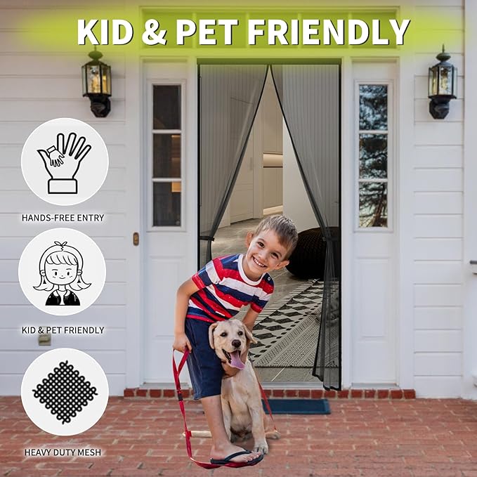 Magnetic Screen Door - Fits Door Opening 36x96 in, Actual Screen Size 38x97 in, Hands Free Mesh Partition,Heavy Duty Screen Door Mesh Curtain Keeps Bugs Out, Frame Hook & Loop, Pet and Kid Friendly